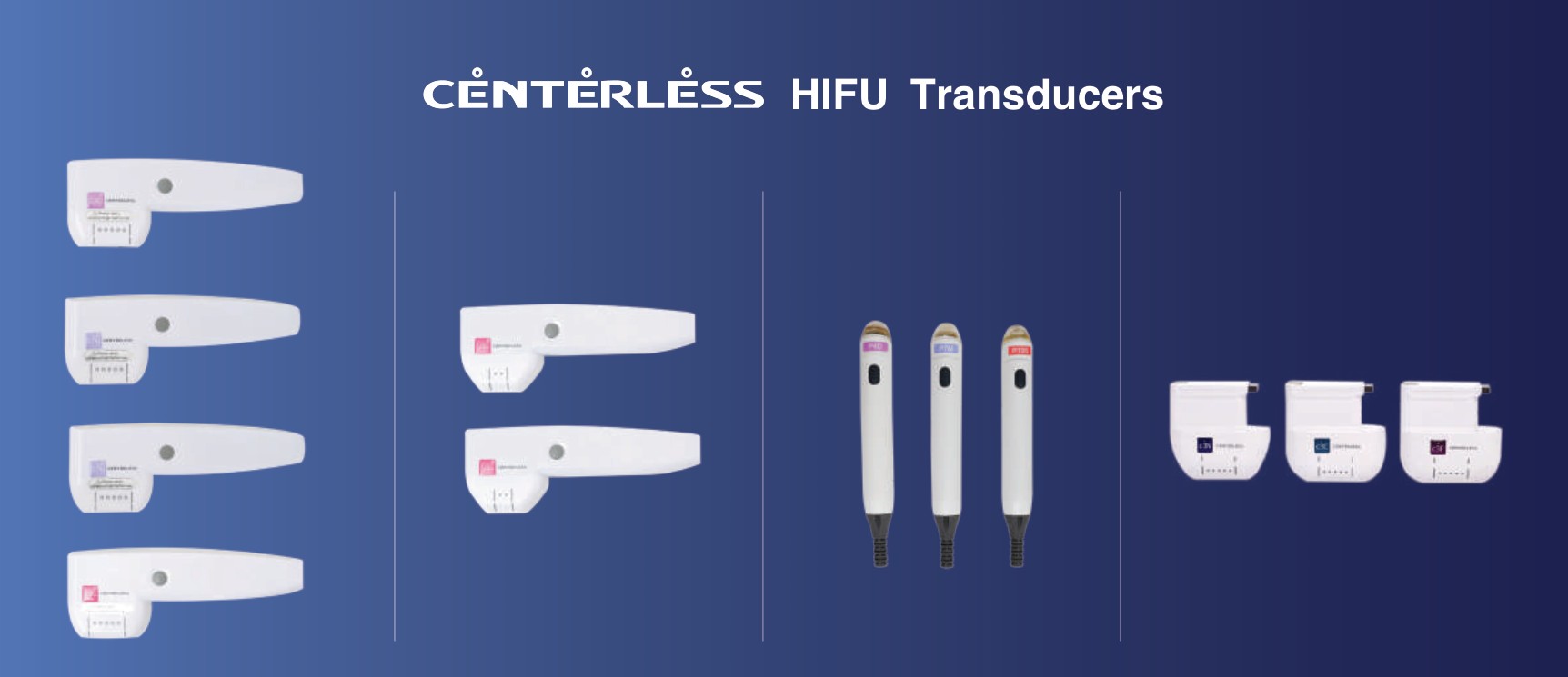 UTIMS centerless HIFU transducer lineup — Standard, Narrow, Pen and Body types